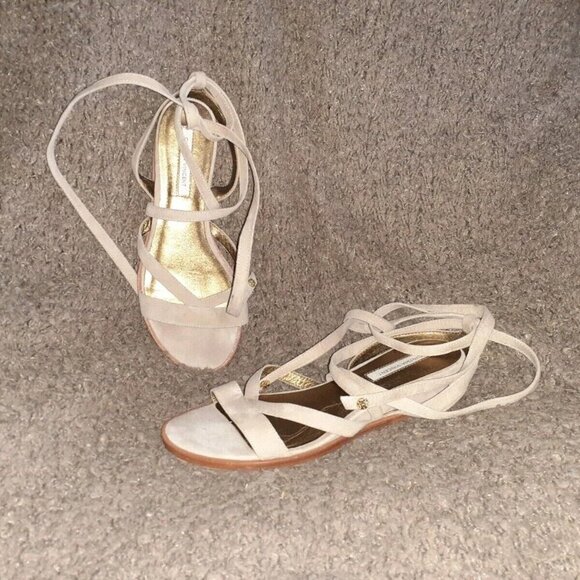 CYNTHIA VINCENT-Patience-Latte Suede-Ties-Mini Wedge Flat Sandals-Sz 8-Excellent - Picture 1 of 5